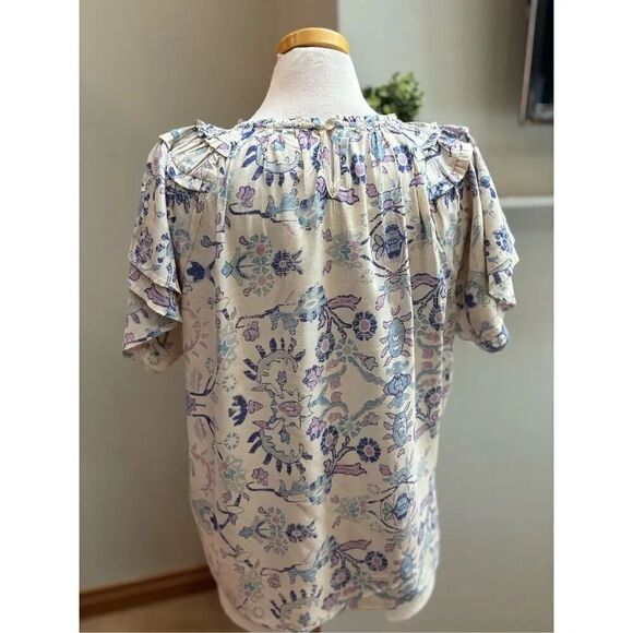 Candace Cameron Burr NWOT M cream people patterned flutter sleeve blouse - Picture 7 of 9